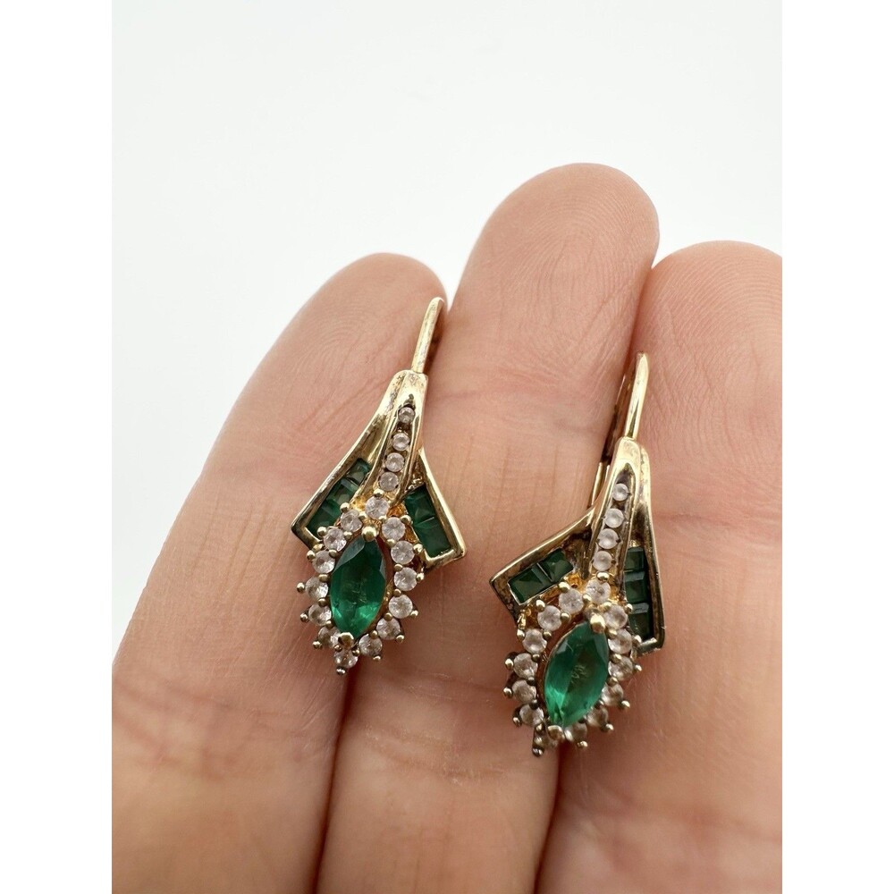 Sterling Silver Lab Created Emerald Earrings Gold Plated Lever Back